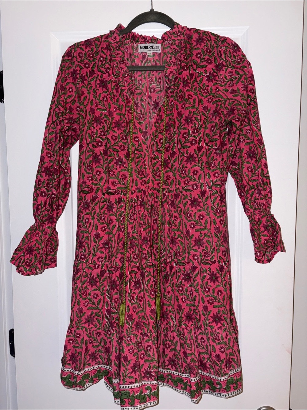 Modern Soul Fuchsia Pink & Olive Green Floral Tunic Dress